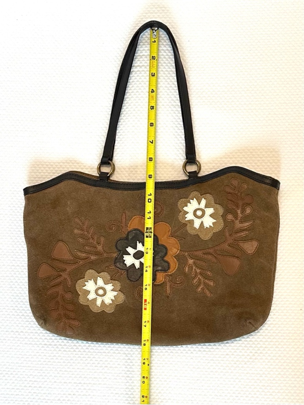 Vintage Y2K Boho Brown Suede Shoulder Bag Leather Flower accents Art to Wear Med - Picture 5 of 12